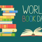 World book day. Stack of colorful books with open book on teal background. Education vector illustration.