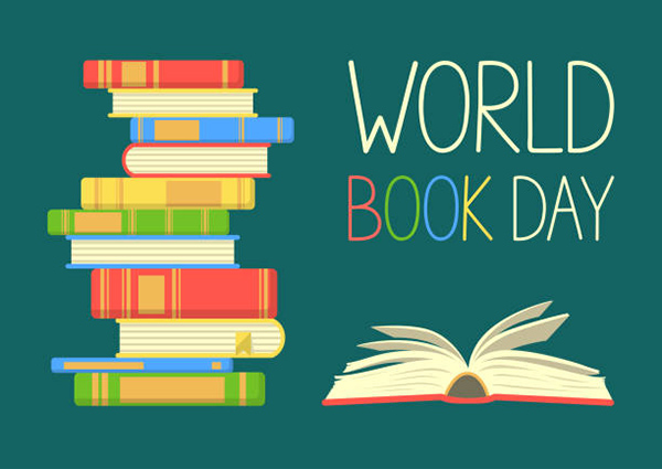 World book day. Stack of colorful books with open book on teal background. Education vector illustration.
