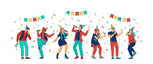 Group of people in birthday hats singing with microphones, flat vector illustration isolated on white background. Birthday party celebration in karaoke club or bar.