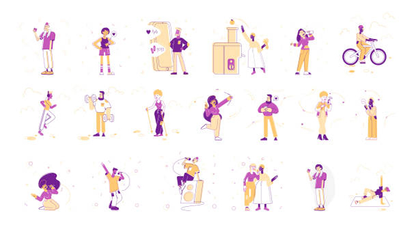 Set of Male and Female Characters Using Smart Devices and Gadgets for Sport and Life. Teenagers Chatting and Communicate with Smartphones, People Singing in Karaoke Club. Linear Vector Illustration