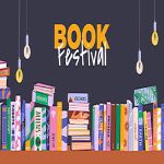Book festival or fair horizontal banner for advertising and promotion. Piles and stacks of various books, hanging lights. Vector template for web design, World Book Day or Back to School concepts.