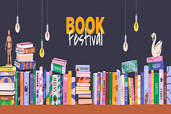 Book festival or fair horizontal banner for advertising and promotion. Piles and stacks of various books, hanging lights. Vector template for web design, World Book Day or Back to School concepts.