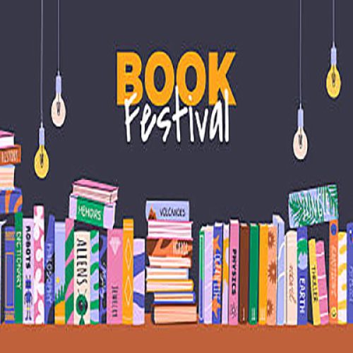 Book festival or fair horizontal banner for advertising and promotion. Piles and stacks of various books, hanging lights. Vector template for web design, World Book Day or Back to School concepts.