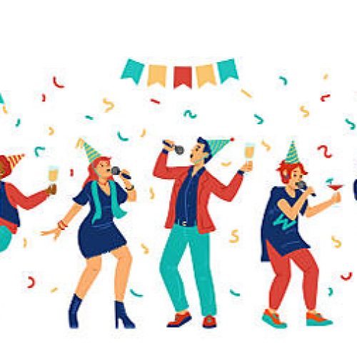 Group of people in birthday hats singing with microphones, flat vector illustration isolated on white background. Birthday party celebration in karaoke club or bar.