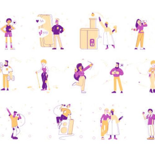 Set of Male and Female Characters Using Smart Devices and Gadgets for Sport and Life. Teenagers Chatting and Communicate with Smartphones, People Singing in Karaoke Club. Linear Vector Illustration