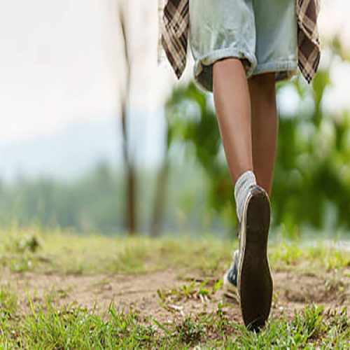 Low angle shot of a Black woman hiker's legs and feet as she walks along a grassy trail in a lush forest, enjoying an outdoor adventure.
