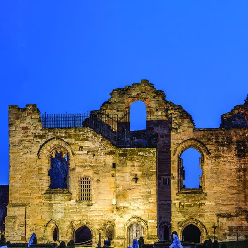 Tutbury Castle, Shropshire, UK. 1st February 2015. Tutbury Castle illuminated at nights as part of the last Light Photoshoot.